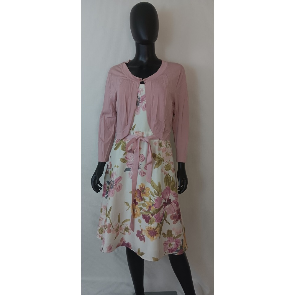 Jessica Howard Petite 2 Piece Floral Dress and Shrug Set Pink White 14P 16